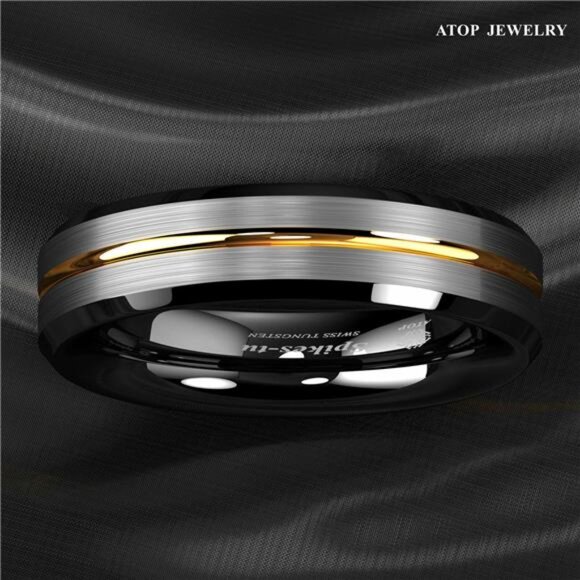Mens Wedding Band 6mm Silver Brushed Black Edge Gold Line - Rings - Picture 5 of 5